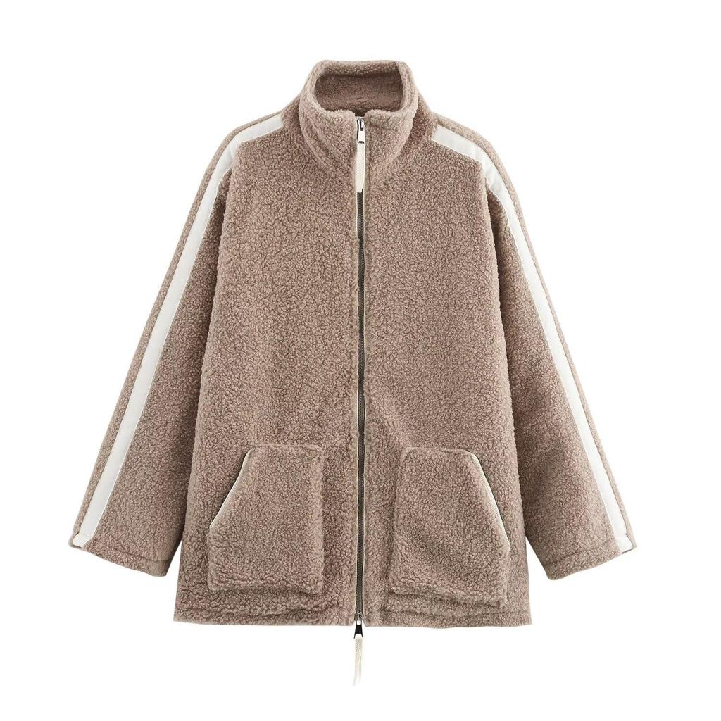 Women's 2024 Winter Camel Lambswool High Neck Zip Jacket with Side Stripe