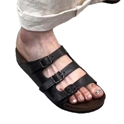Soft leather version~ Retro belt buckle one-word slippers women's flat bottom versatile lazy people wear black beach shoes with one pedal