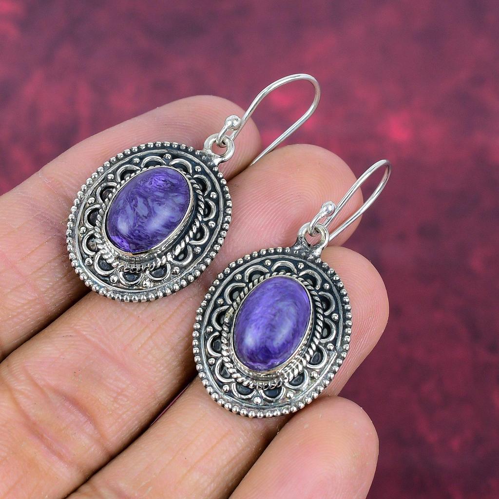 Charoite 925 Solid Sterling Silver Earrings, Handmade Gemstone Earrings Jewelry, Gifts For Wife Brand New Earrings