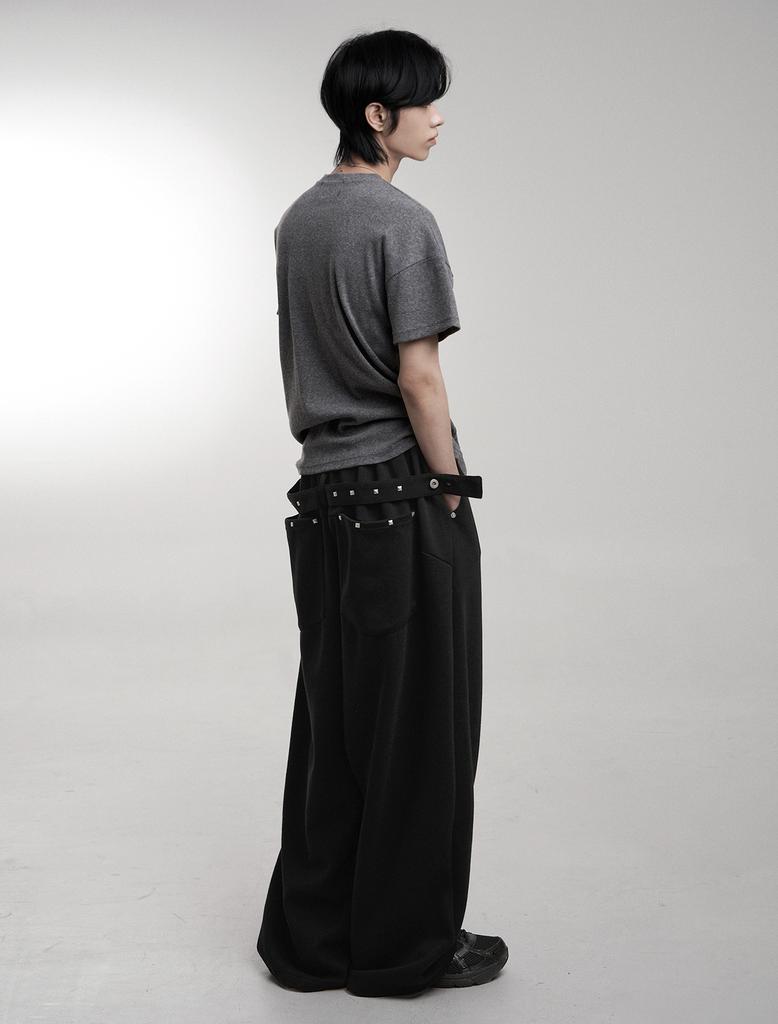 Lupeu Studded Belt Back Pocket Wide Long Pants Black