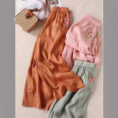 2025 Summer New Chinese Style Printing Cotton and Linen Wide-leg Pants Women's Loose and Thin Elastic Waist Nine-point Casual Pants