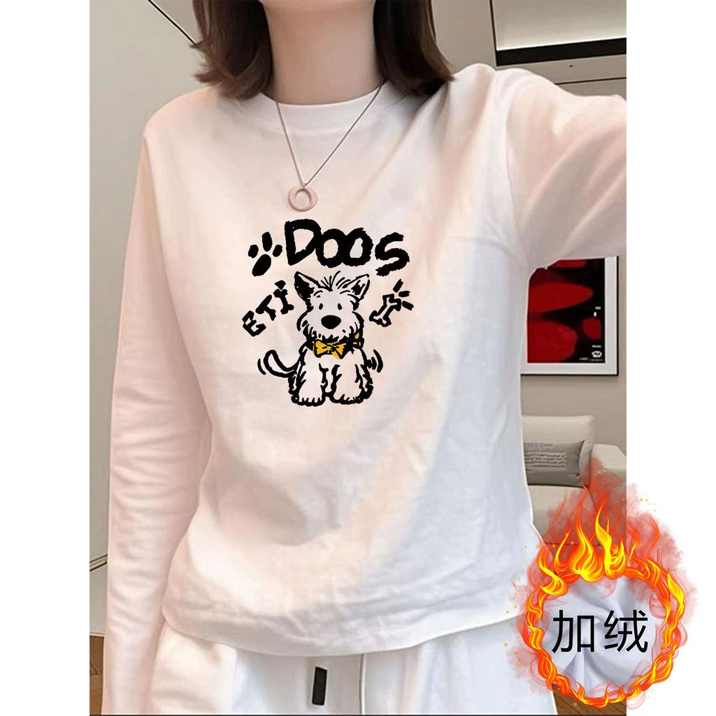 Women's Long Sleeve T-Shirt Crew Neck Fall Winter Casual Cartoon Print Loose Cotton Thermal Lined Base Layer Top