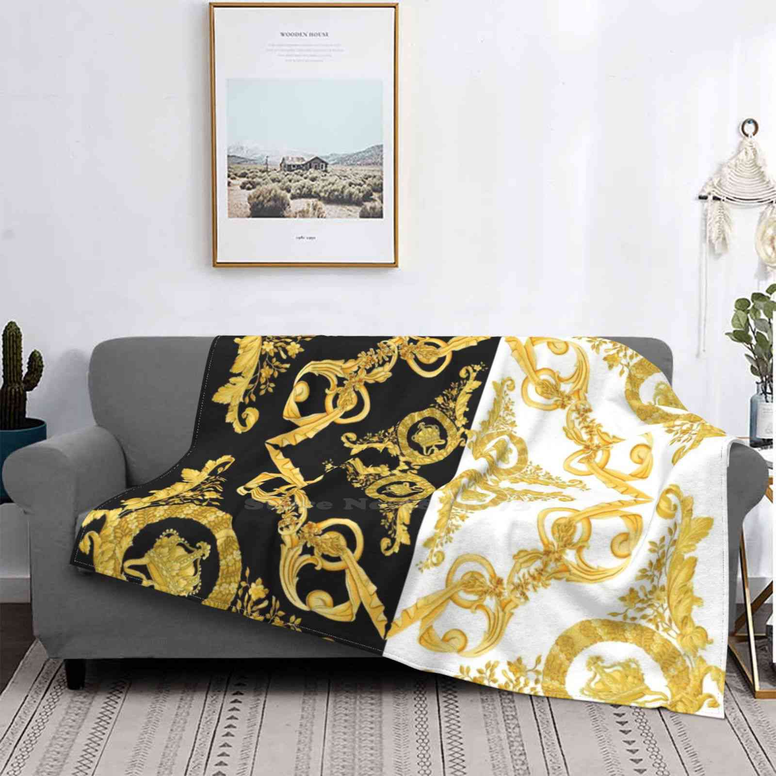 Gold Floral Pattern Throw Blanket Creative Design Light Thin Soft Flannel Blanket Gold Floral Black Luxury Yellow Fashion Gifts 130x150cm