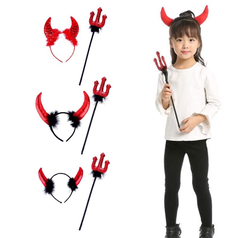 Teufelshörner Stirnband & Teufelsgabel für Halloween-Kostüm Haarreif Party-Requisiten Kopfschmuck Bühnenrequisiten Verkleidungszubehör