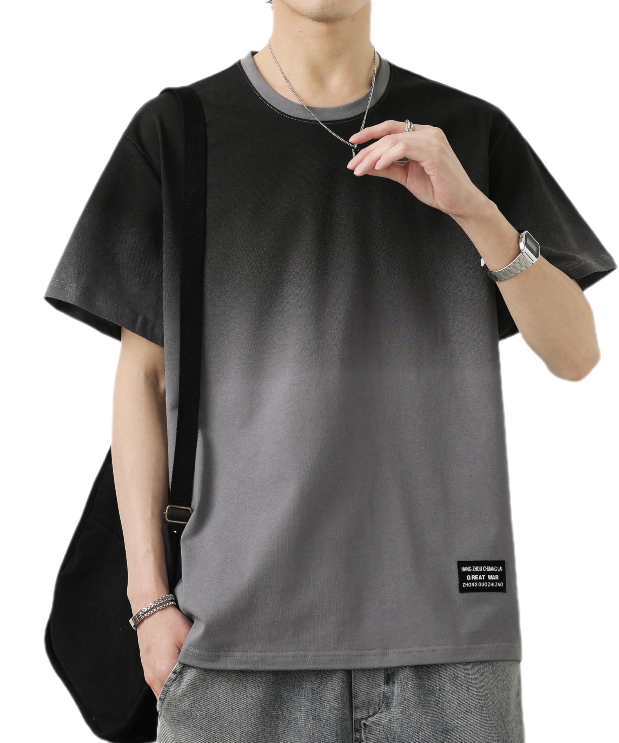 

короткий летний большой экипаж летний темный [SHANLIANG] Мужская футболка, рукав, одежда, однотонный, 100% хлопок, классический, размер, градиент, мягкий, популярный, легкий,