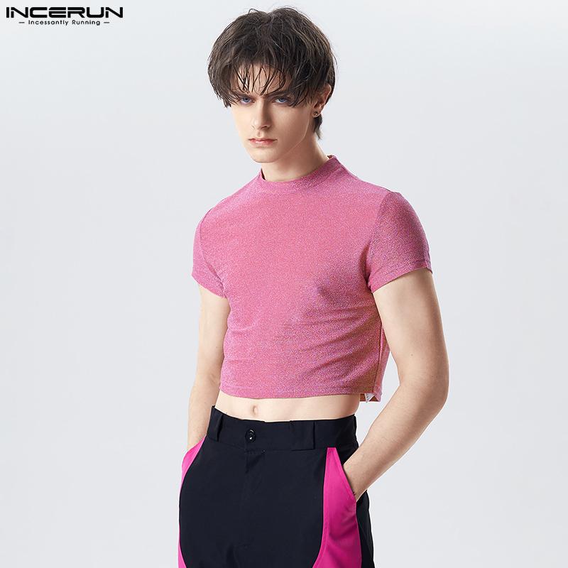 ★MUCENT★ Henning Off Shoulder Crop Man to Man 2 Colors Buy INCERUN Men Short Sleeve Solid Color Summer Crop Tops at