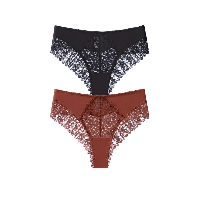 TERMEZY 2Pcs/Lot Sexy Mid Rise Patchwork Briefs Hollow-out Lace Pattern Panties Solid Color Breathable Skin-fit Briefs
