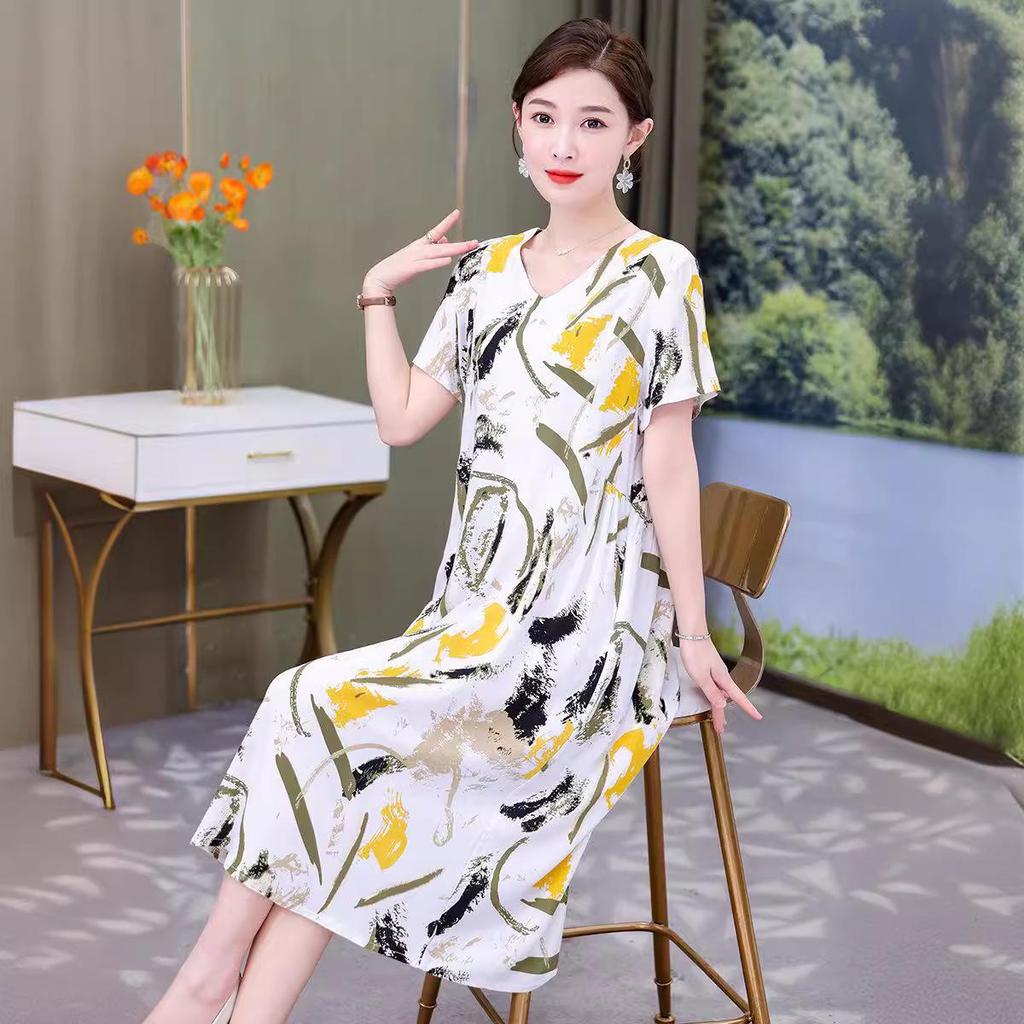 2023 Baumwoll-Print Bauchkontrolle Übergröße Sommerkleid für Frauen mittleren Alters und ältere Frauen