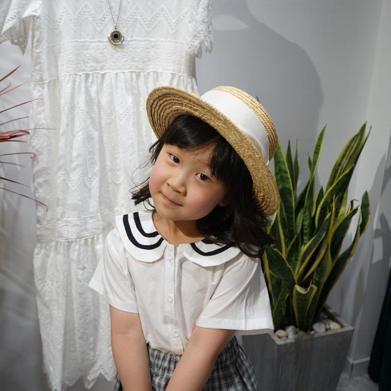 Korea, Japan, Summer Boys And Girls, Children'S Wide Flat-Brimmed Straw Flat-Top Top Top Hat, Sunshade, Sunscreen, Moisture Straw Hat, French