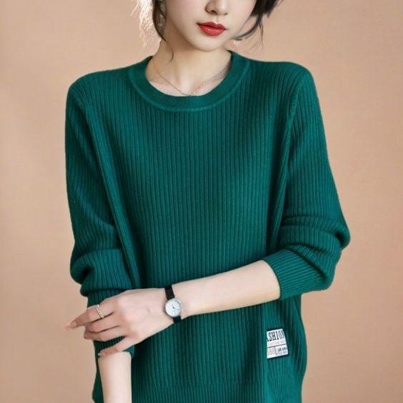 

Весенне-осенний женский свитер с круглым вырезом, свободный простой пуловер, вязаный свитер, однотонный вязаный топ, джемпер, вязаная одежда 3XL зелёный