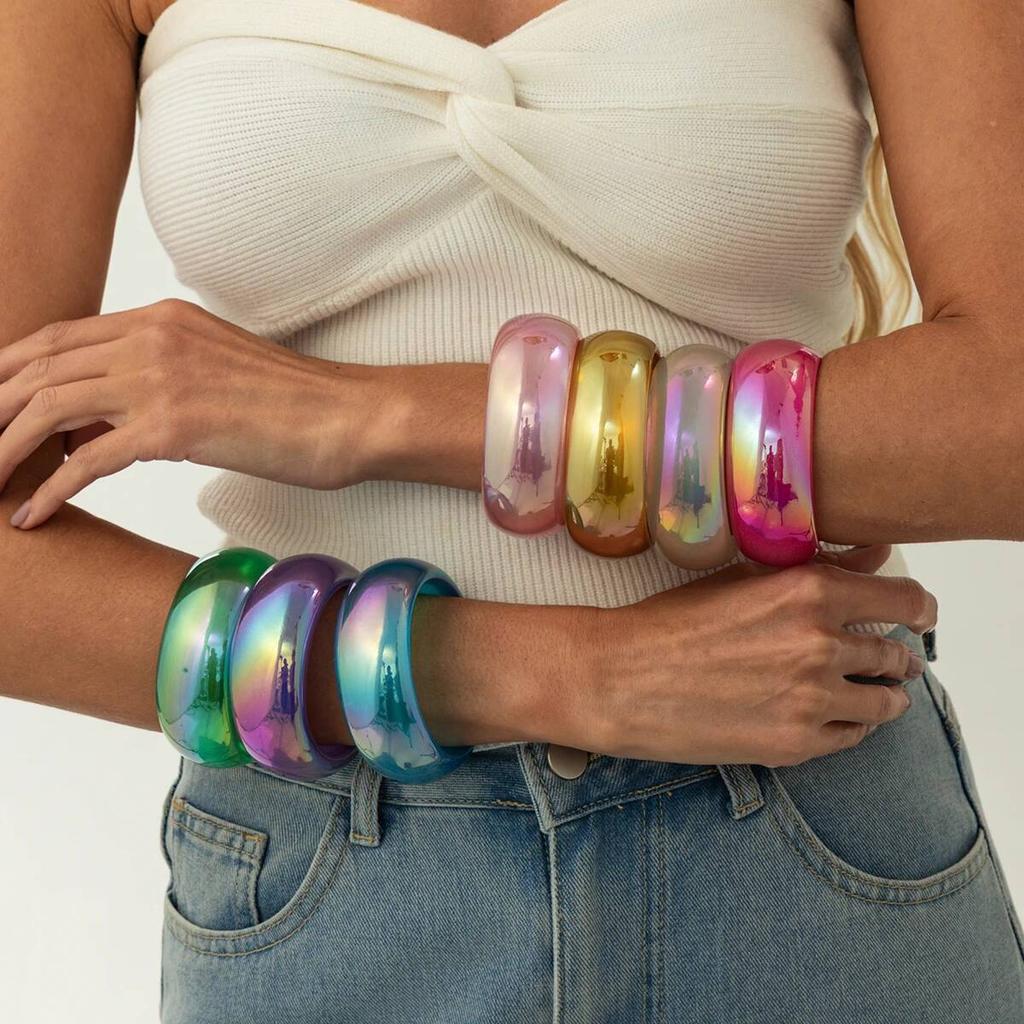 Salircon Boho 7 Colors Resin Acrylic Charms Bracelet Bangles Women Fashion Colorful Geometric Wide Chunky Party Bangle Jewelry