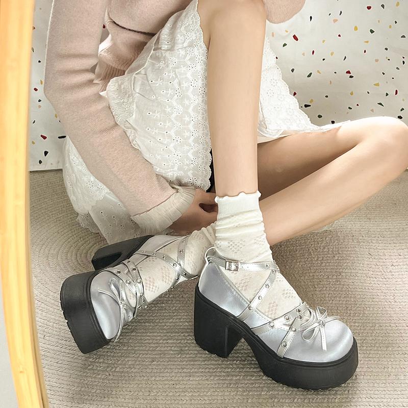 Spring Mary Jane Single Shoes Round Head Shallow Bow Rivets A Line with Waterproof Platform Anti-slip Wear-resistant High Heels