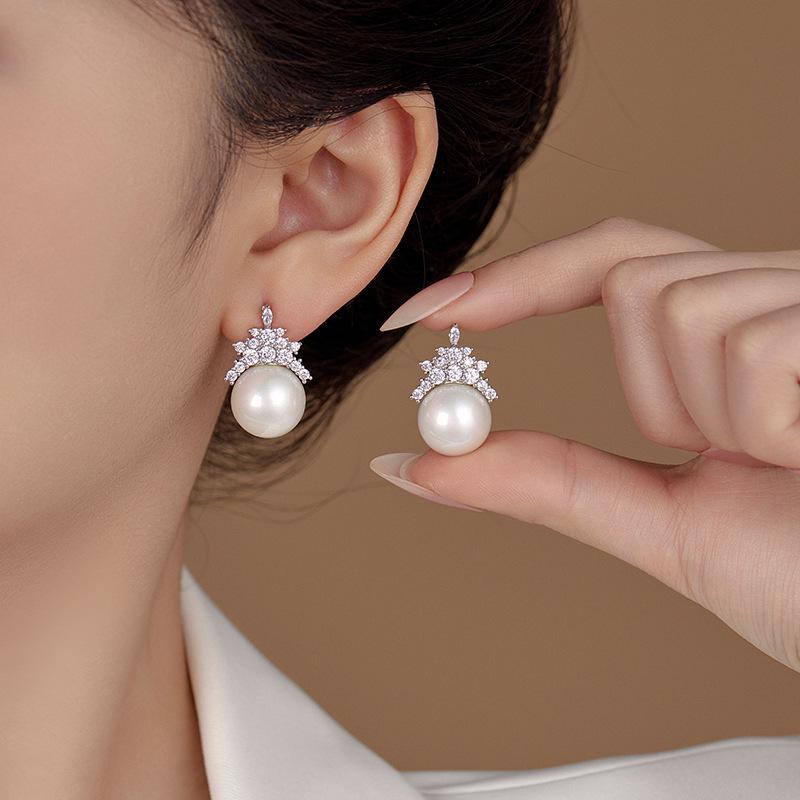 Crown Zircon Pearl Drop Earrings: Trendy, High-End Fashion & Light Luxury Style for Women