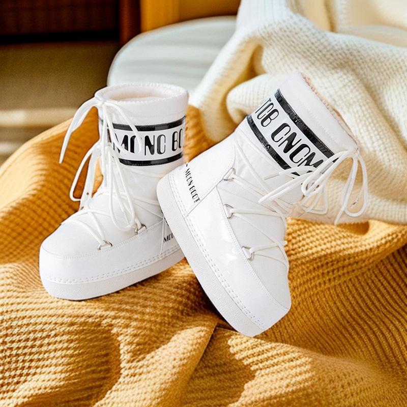 

Размер 33 женские ботинки 2025 теплые новые лыжные зимние лунные утолщенные средней длины водонепроницаемые и нескользящие снежные космические 40 белый