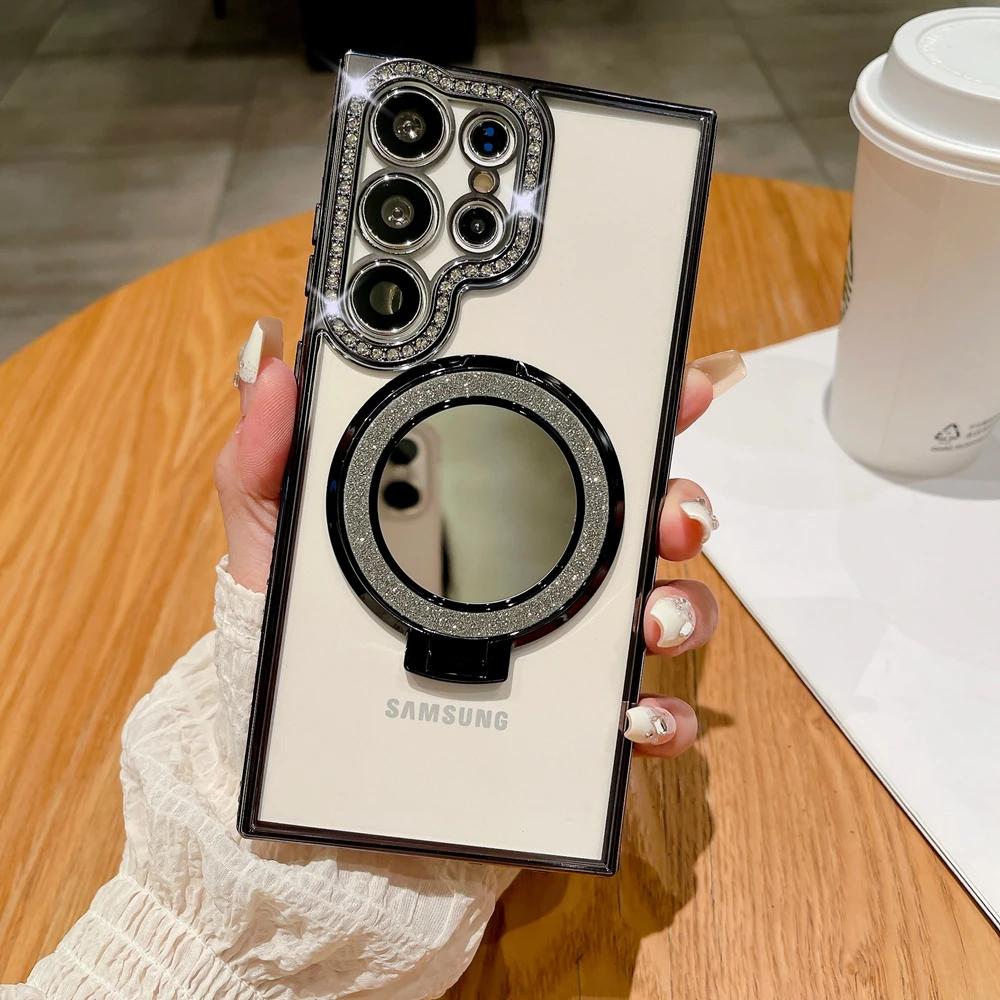 

Роскошный прозрачный чехол Magsafe с алмазным покрытием для Samsung Galaxy S24 S23 Ultra S22 Plus с зеркальным блеском, подставка-держатель, противоударный чехол For Samsung S24Ultra