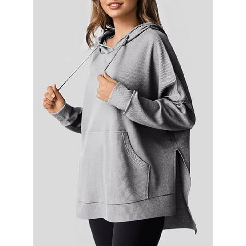 

Жіноча толстовка з капюшоном осінь-зима Вафельний в’язаний пуловер з бічними розрізами, толстовки та світшоти з довгими рукавами (жіночий) S сірий колір