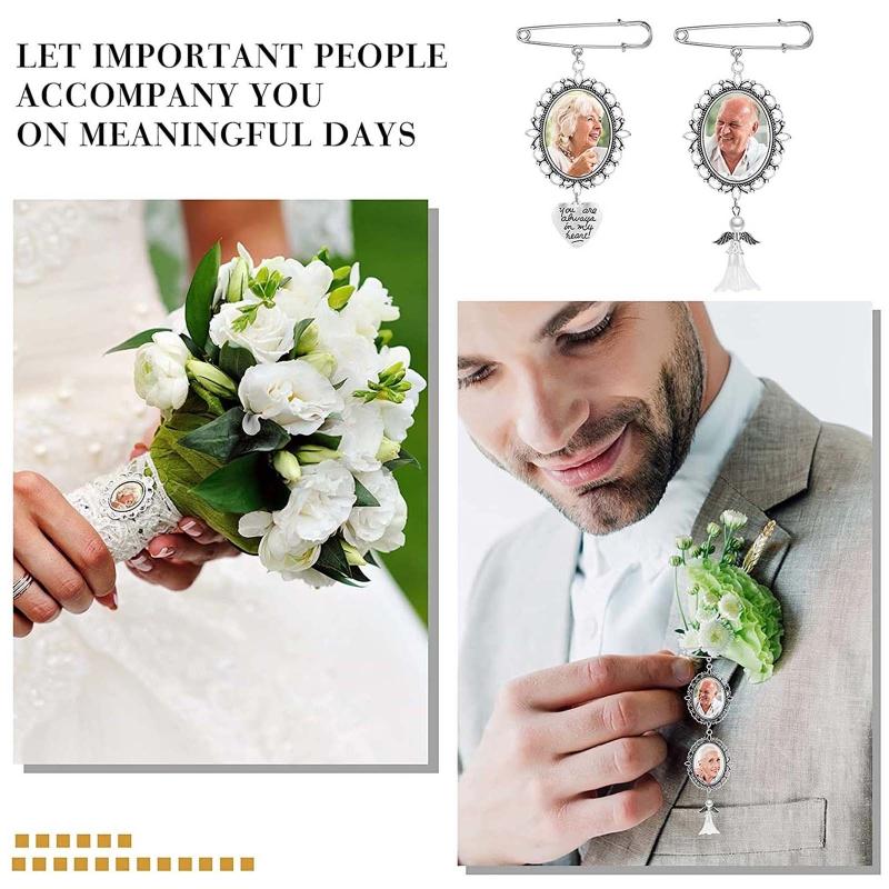 Wedding Bouquet Photo Charm Angel Pin Brooch Boutonniere Lace Frame for Wedding Shower Bride DIY Photo Pendant Brooch