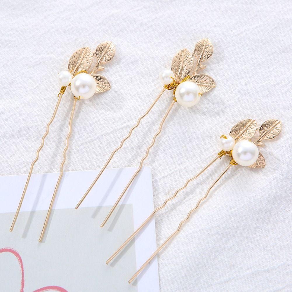 

Metal Pearl Leaf Hairpin Pearl Pearl Hair Comb Temperament Baroque Hair Fork Hair Accessories золотой