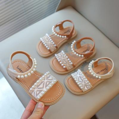 Sandales pour filles Chaussures d'été pour enfants Sandales de plage pour enfants avec perles Princesse Douce Antidérapante Bout ouvert Dentelle Chic Perles