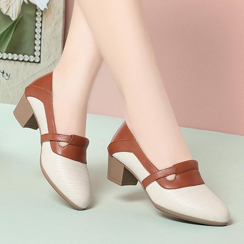 Soft Leather Single Shoes French Retro Pointed-Toe Leather Shoes Shallow Mouth Loafers For Women'S Autumn New Thick Heel Shoes