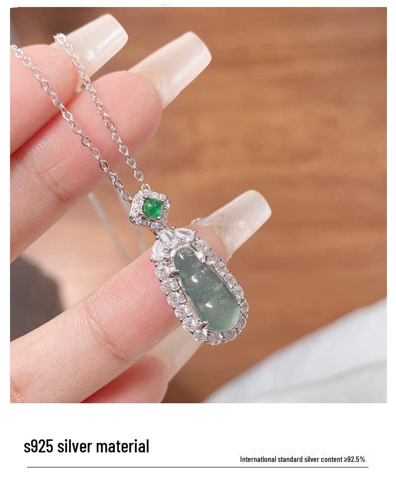 925 Sterling Silver Jade Green Four Seasons Bean Pendant Necklace for Women - Ethnic, Versatile, Fashionable, Diamond-Inlaid Ancient Style