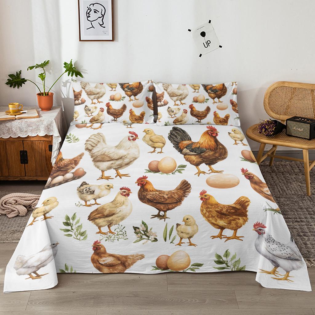 4-Piece Chicken Egg Bed Sheet Set, Including 1 Flat Bed Sheet, 1 Extra-Large Bed Sheet, 2 Pillowcases (Farmhouse, Living)