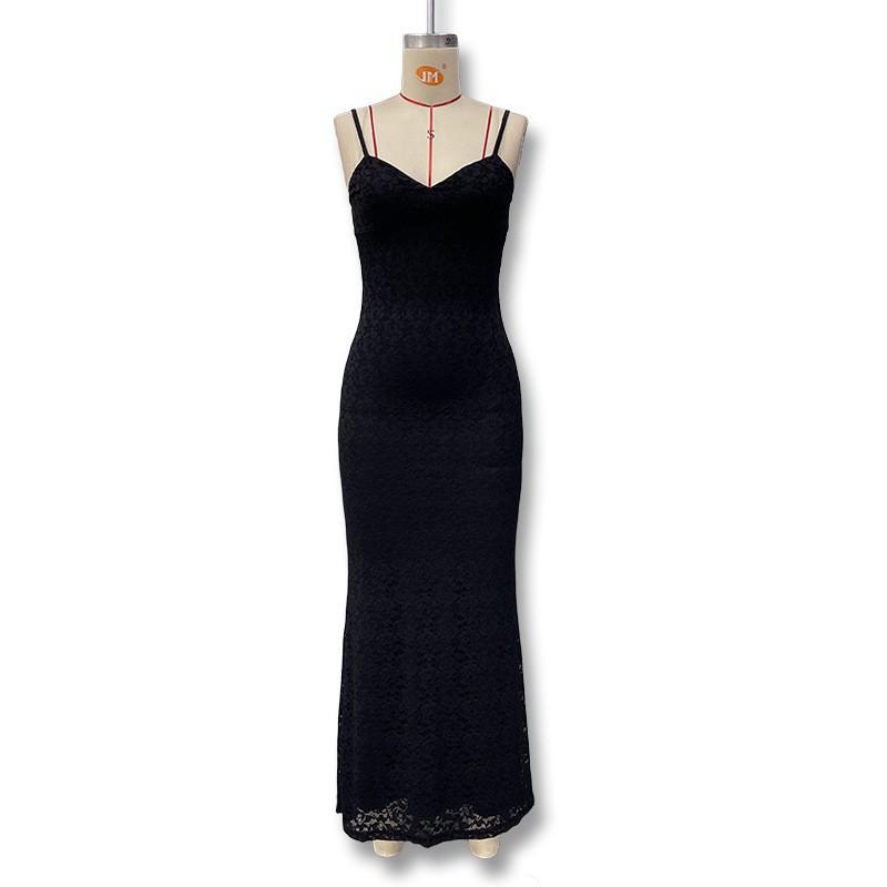 European and American Women's Clothing 2026 Summer Transparent Long Dress Slim Fit Solid Color Sexy Sleeveless Suspender Lace Dress Women