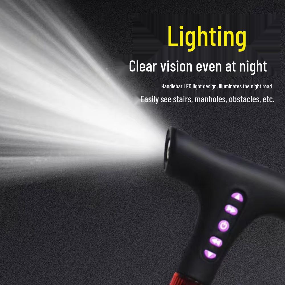 Smart Multi-Functional Telescopic Cane with Radio, Non-Slip Grip, LED Light, and Four-Legged Aluminum Alloy Base for Seniors.