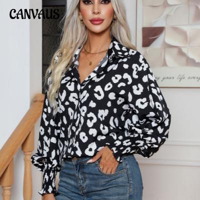 Spring and Autumn Women's Shirt Leopard Print Lantern Sleeve Long Sleeve Blouse