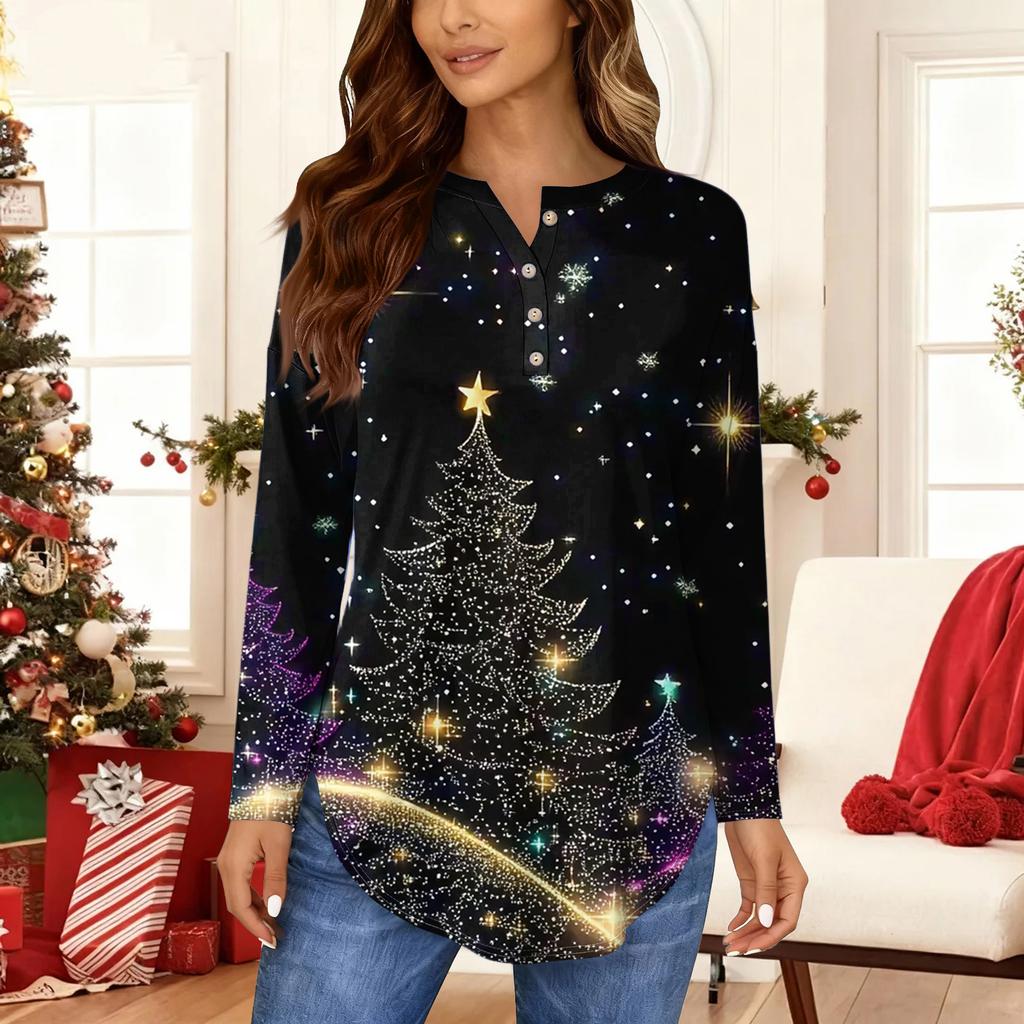 Women's Fashionable Loose-Fit Button-Down Collar Christmas Print Long-Sleeved Top