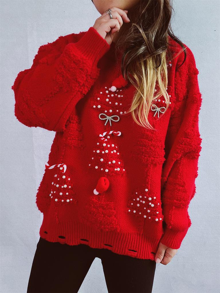 Solid color handmade pearl Christmas three-dimensional decoration plush New Year sweater Christmas sweater 3612 EMA
