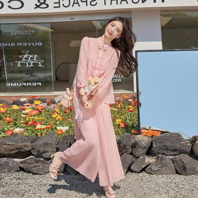 Suit Women's Summer New Temperament Elegant Button Shirt Top Wide Leg Pants Three-piece Set
