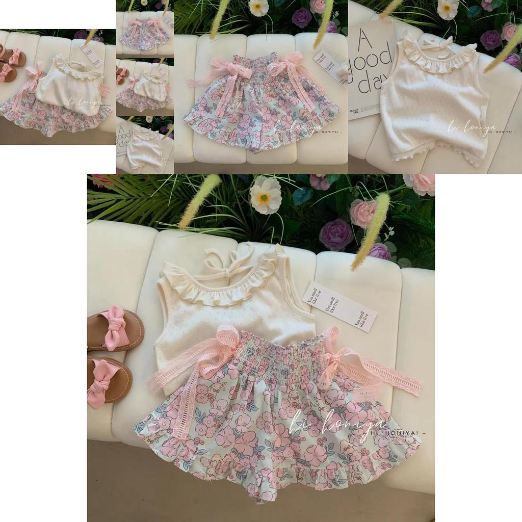 Niedliches Prinzessinnen-Stil zweiteiliges Set für kleine Mädchen mit weichem floralem Stoff für den Sommer