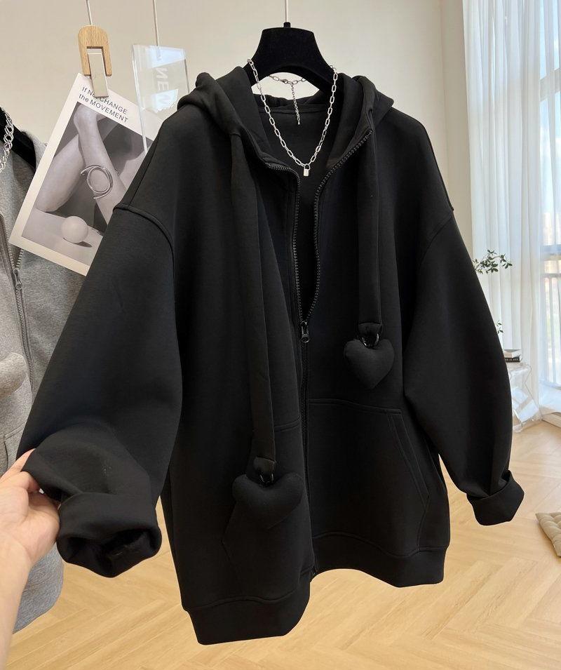 Plus Size Women Long Sleeve Hoodie Spring Autumn Loose Casual Oversized Hooded Sweatshirt Gray Black Zipper Coat