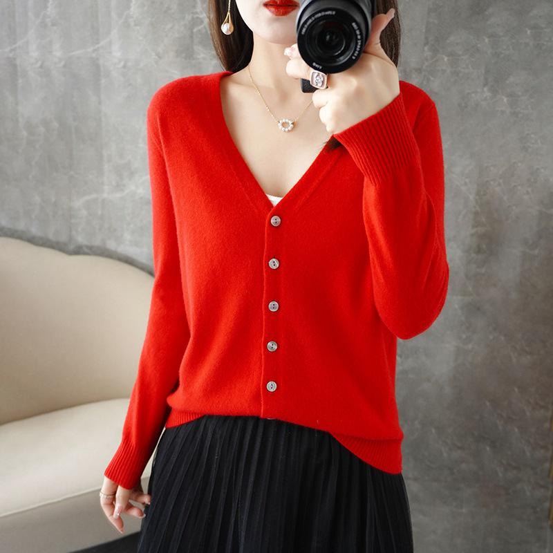 Women's V-neck Knitted Cardigan - Long-Sleeve All-Season Outerwear Sweater