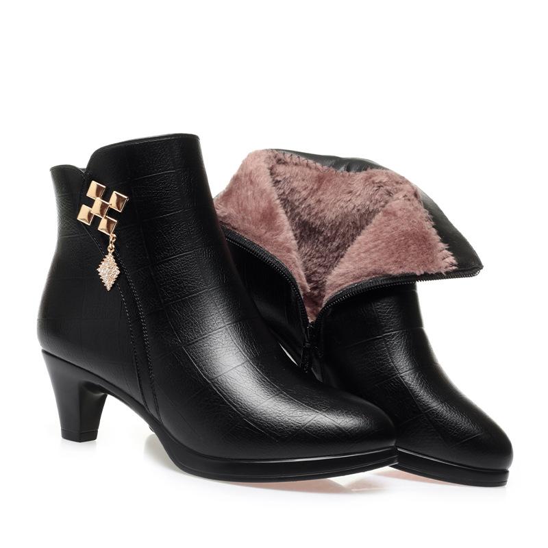 Women Snow Boots New Genuine Leather Fashion Warm Winter Shoes Women Ankle Boots Women High Heel Pointed Ladies Booties