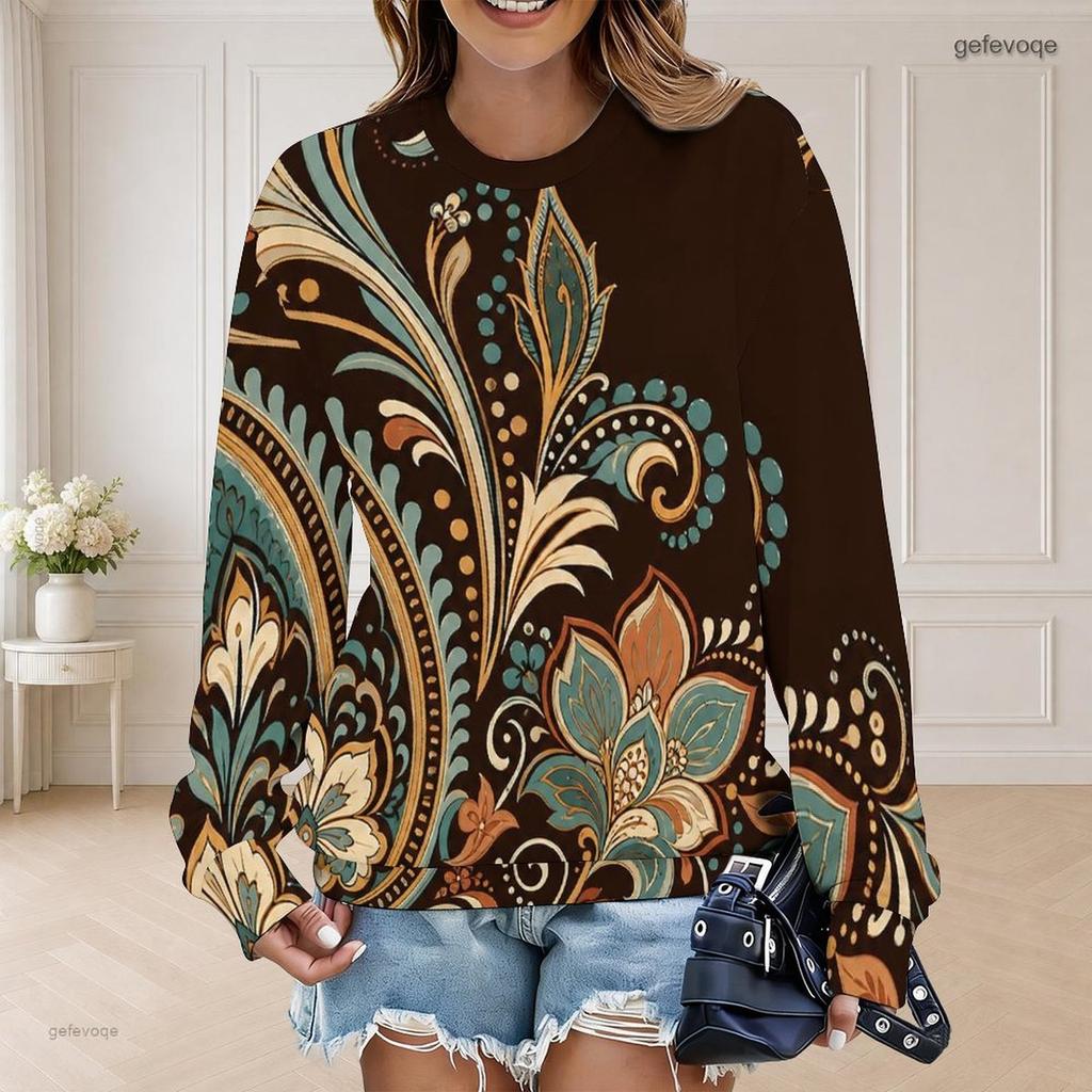 Women Plus Size Round Neck Long Sleeve Floral Printed Teal Green Ribbed Cuffs Sweatshirt