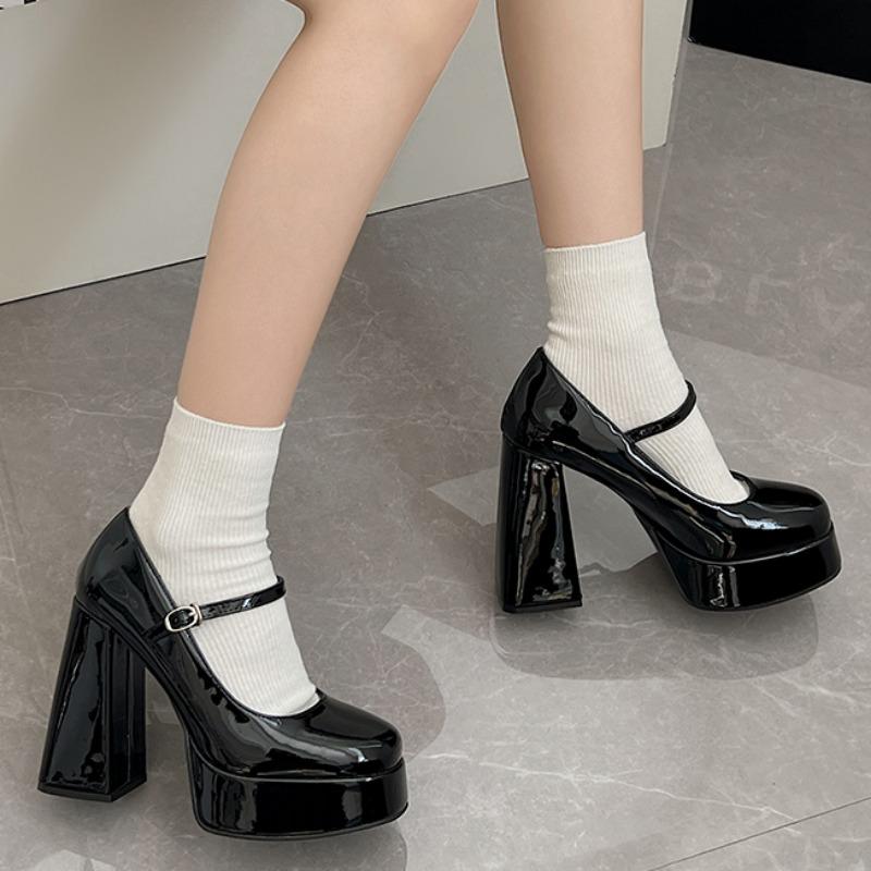 Mode Damen High Heels 2024 Sommer Neuer Stil Mode Schnallendesign Elegant Einfarbig Lackleder Mary Jane Schuhe Mujer Zapatos