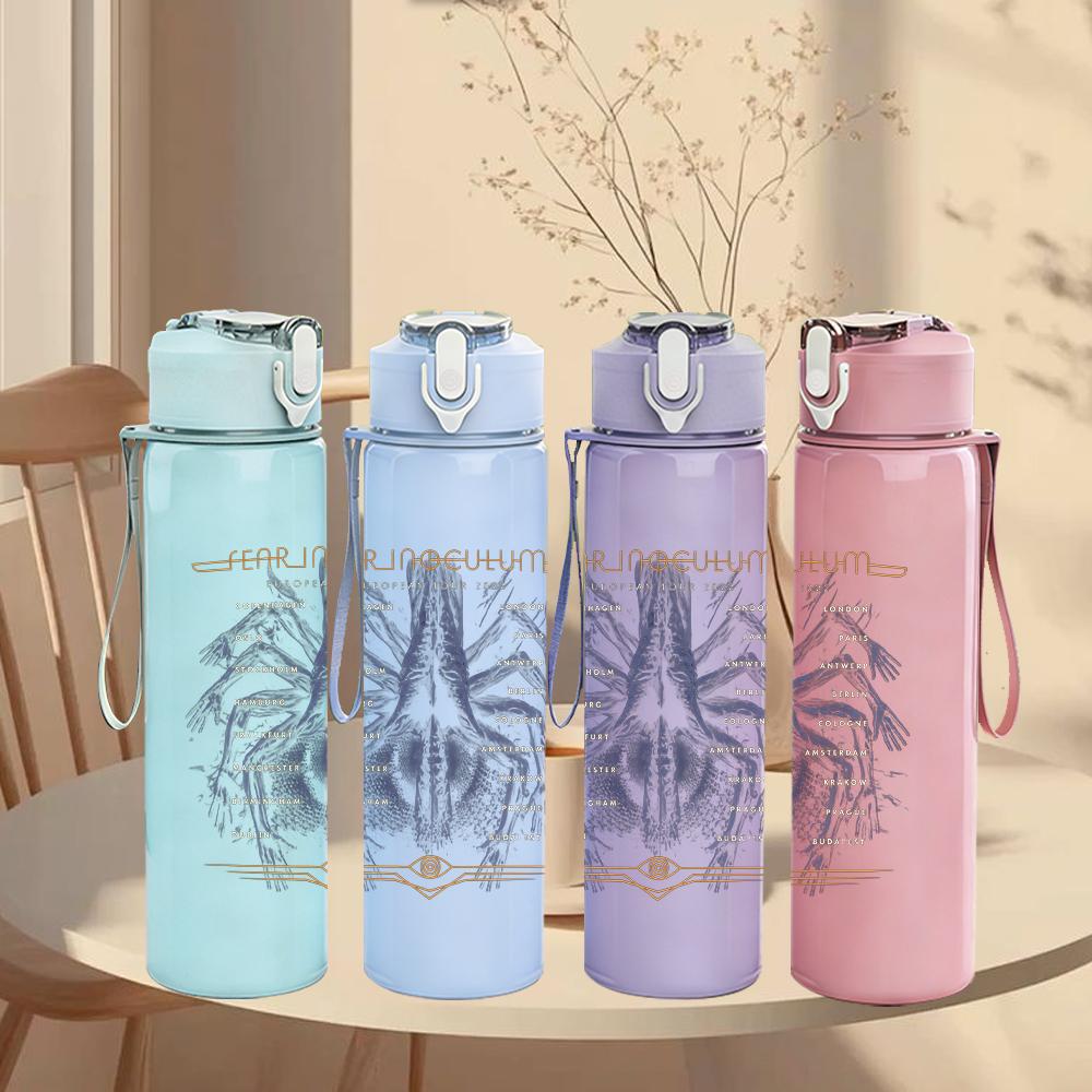 1PC Faint abstract floral sketch print 750ml colorful plastic sports water bottle leakproof pop up lid with straw for outdoor work home use