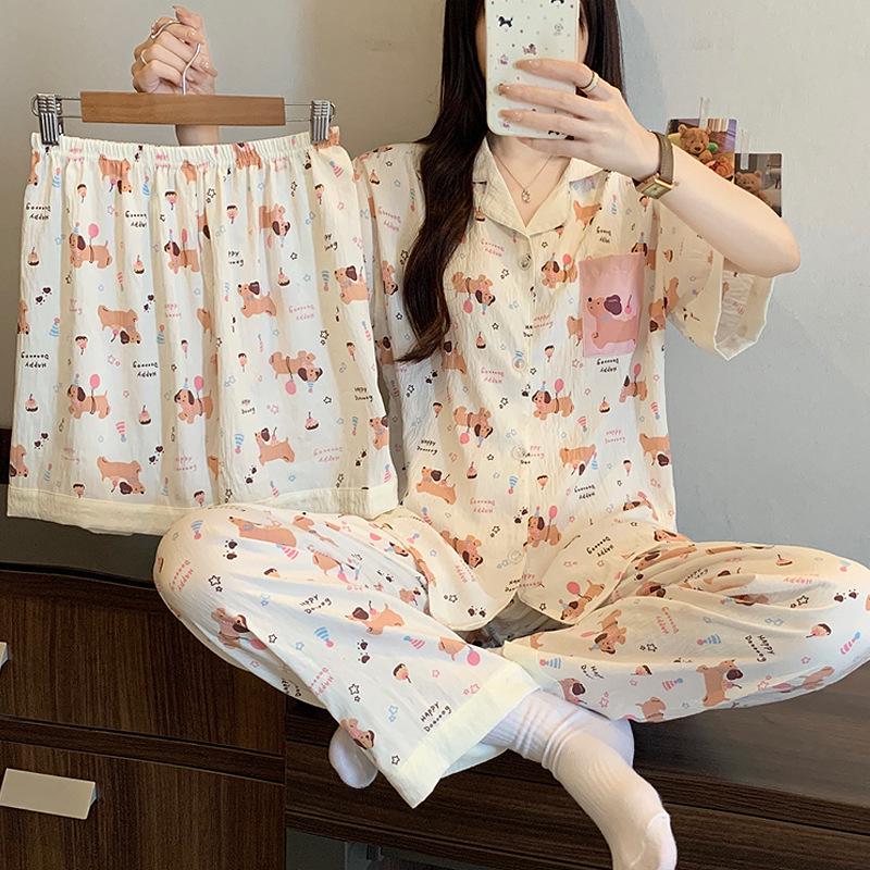 Leopard Print Love Heart Short Sleeve Pajama Set: Women's Summer Cloud Cotton Three-Piece Loungewear