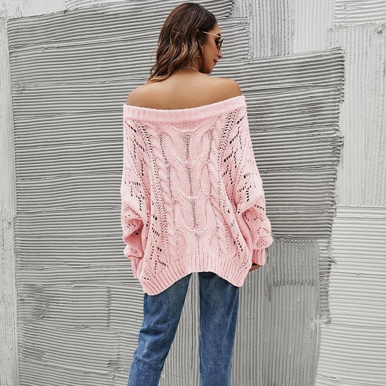 Autumn Winter Plus Size Women Strapless Loose Knit Sweater One Neck Solid Color Pullover Europe USA Style