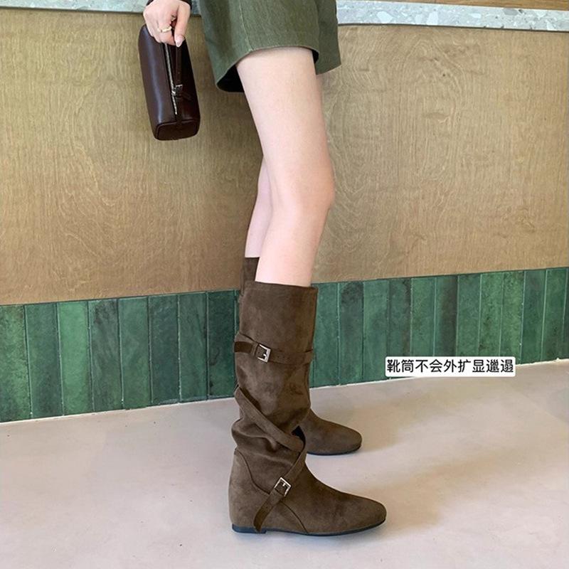 Inner Heightening Boots Women's 2025 New Autumn Retro Versatile Stacking Boots Belt Buckle Slim Tall Knight Boots