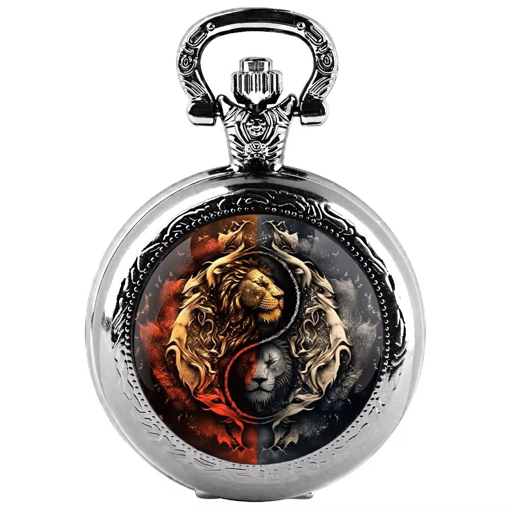 Vintage Retro Løve Leo Zodiak Astrologi Kinesisk Yinyang Kvarts Unisex Menn Kvinner Lommeur Kvarts Halskjede Anheng Klokke Kjede Klassisk Skive