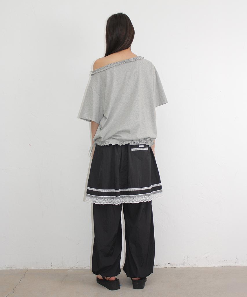 RONRON Frill Off Shoulder String T Shirt Gray