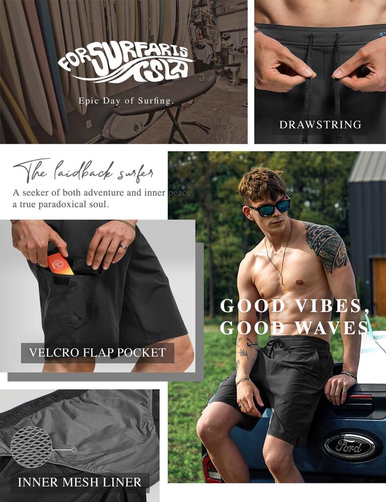 [Tesla] Men's Swimwear with Mesh Inner Lining, Swim Shorts, Surf Shorts, Board Shorts, Amphibious, Quick-Drying, Breathable, UV Protection, Elastic Wa