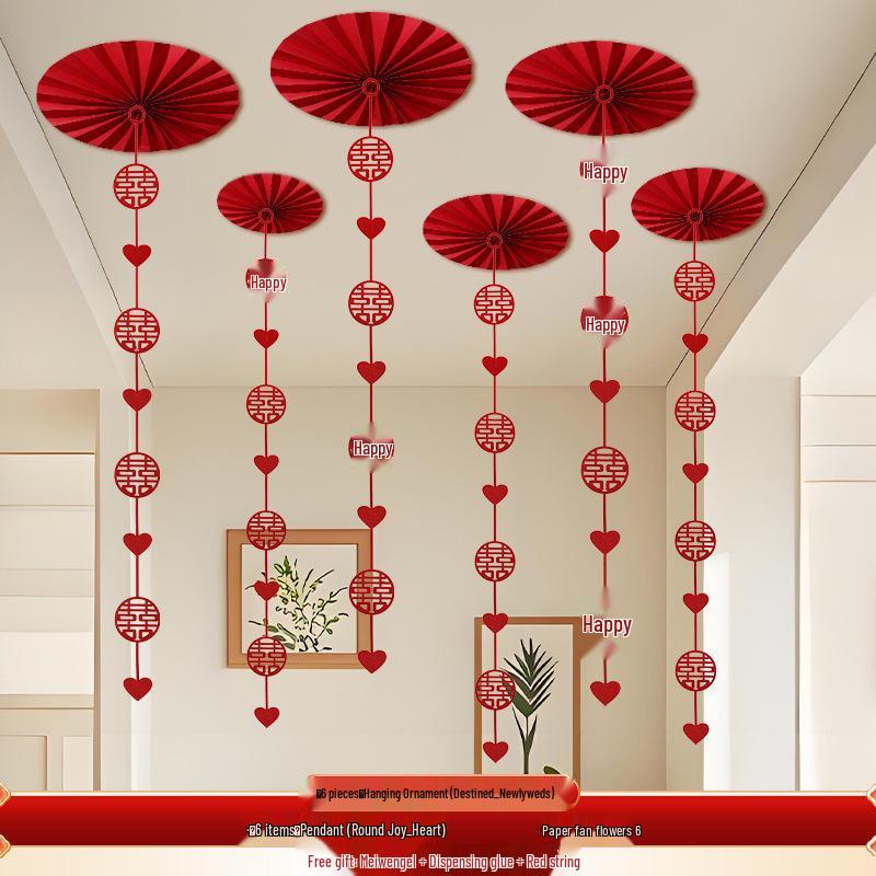 Wedding Décor: Double Happiness Paper Cut Ornaments for Ceiling and Walls, Festive Butterfly Pull Flowers for Bedrooms and Living Rooms