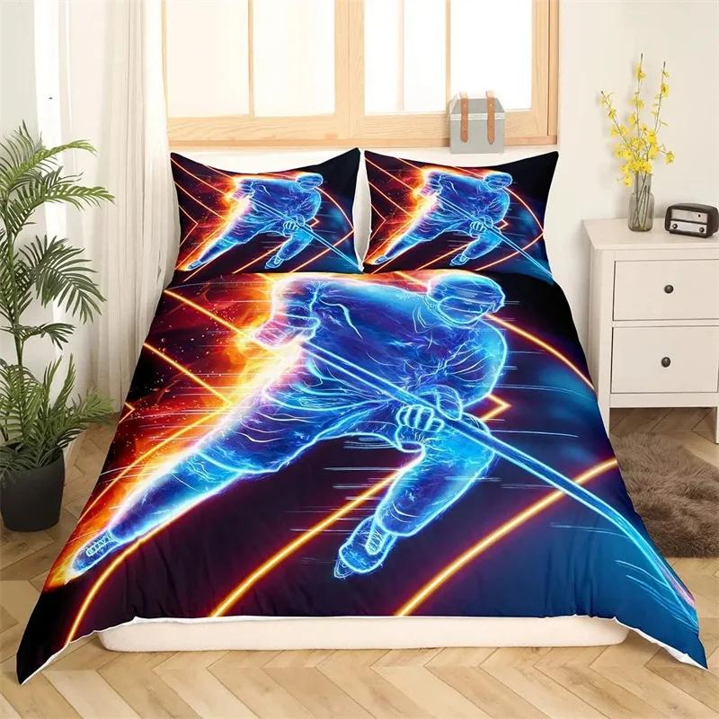 Ice Hockey Sport Soft Duvet Cover Burning Hockey Bal for Ten Athlete Black Polyester Comfortable Quilt Cover for Friend Gift Bedrom Decoration