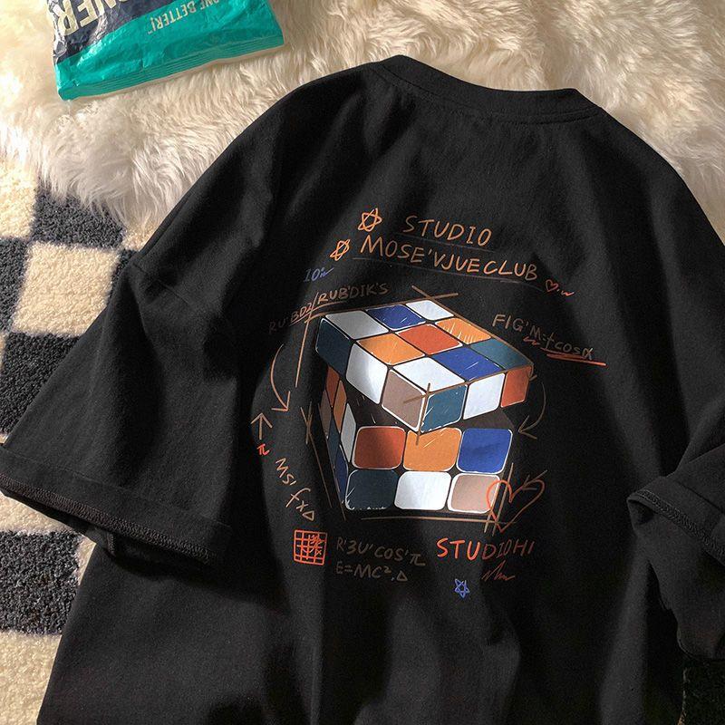 Kurzarm-T-Shirt aus Baumwolle für Damen, Kurzarm-T-Shirt aus Baumwolle mit Rubik's Cube-Print, lockerer Halbarm-Sommer
