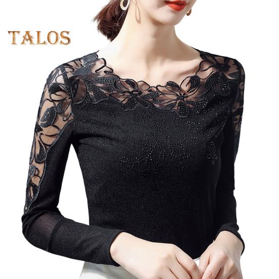 

Женские топы с круглым вырезом и длинным рукавом, сетчатые кружевные вышитые пуловеры, однотонные облегающие блузки на каждый день XL чёрный