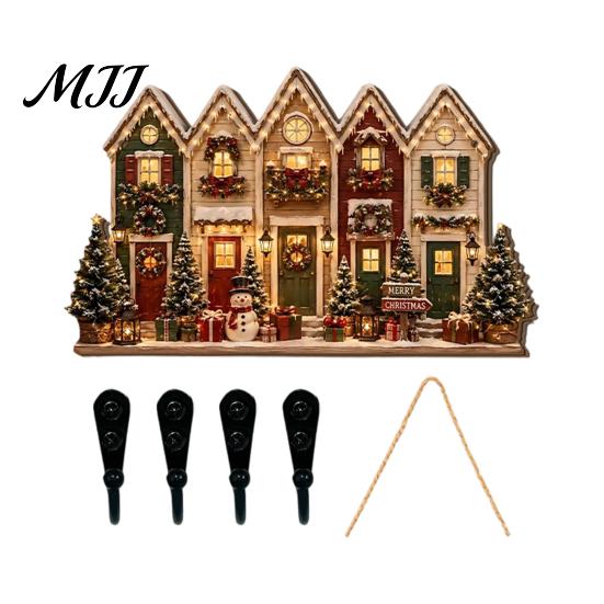 Key Hanger for Wall 2D Flat Christmas Wooden Rack, Hanging Holder with 4 Storage Entrance Hooks, Holiday Plaque Rope Home Decor